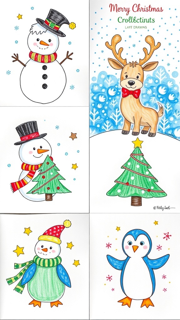 Cute Christmas drawings including a snowman, reindeer, Christmas trees, and penguins.